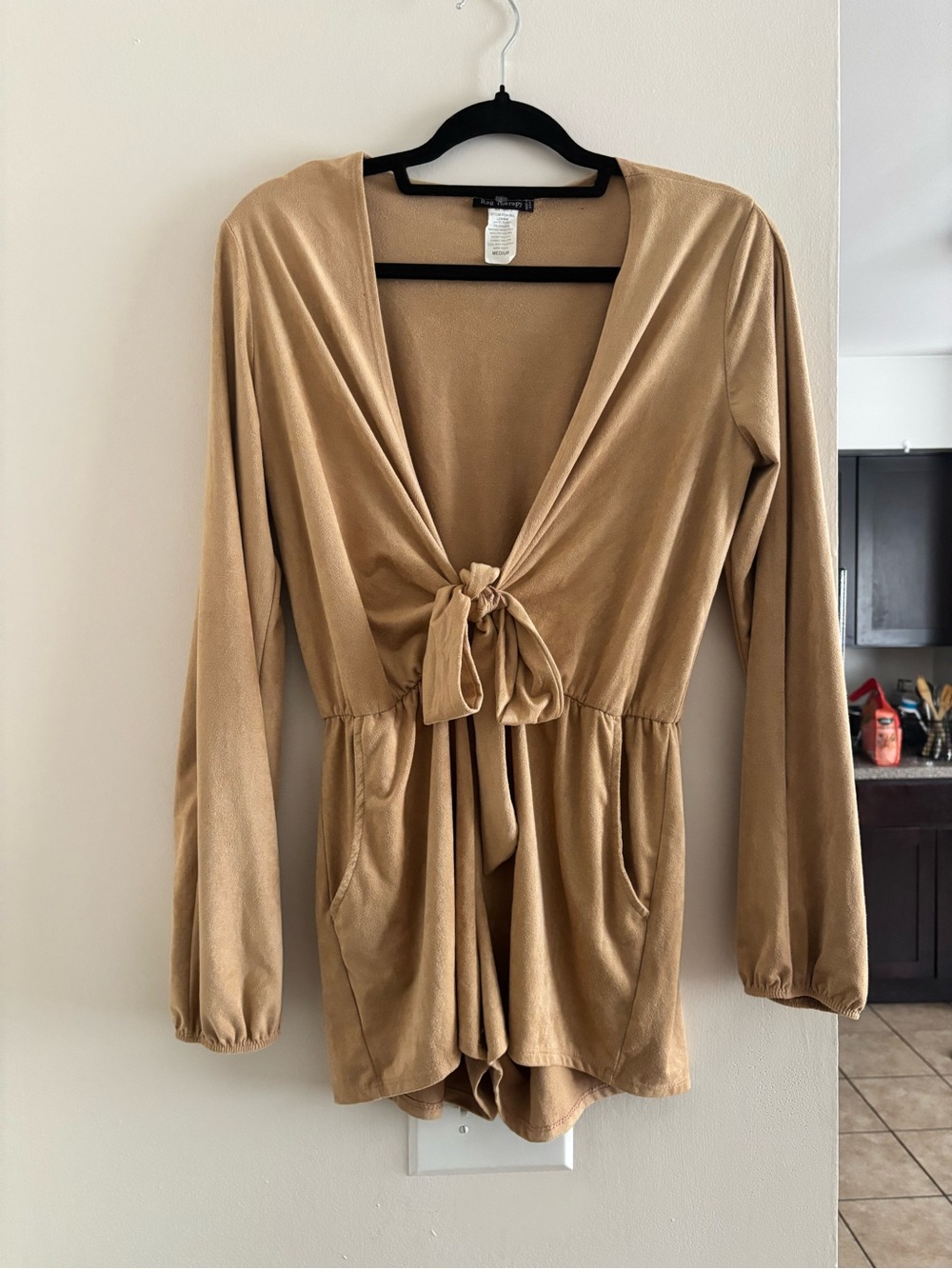 Tie-Front Long Sleeve Romper in Beige